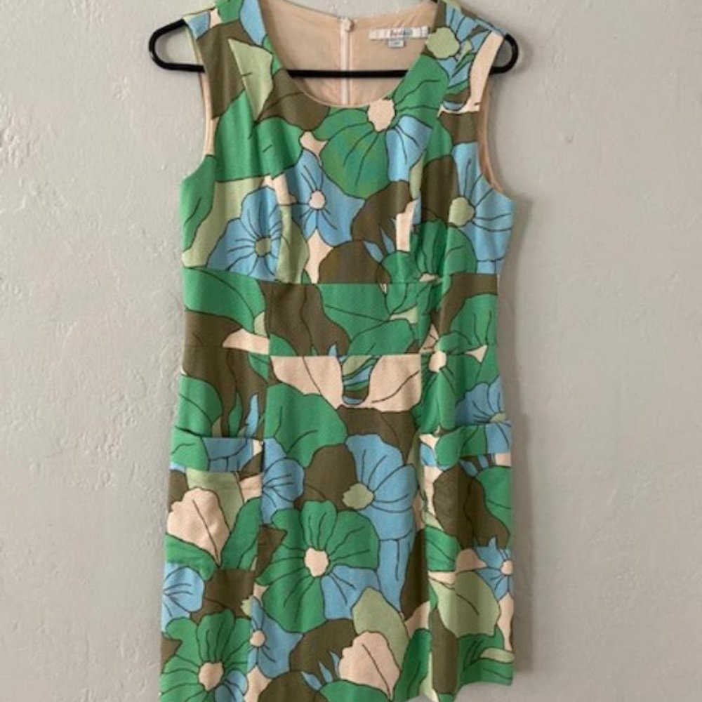 Boden Floral Sleeveless Petitie Dress in Green, Blue, Cream